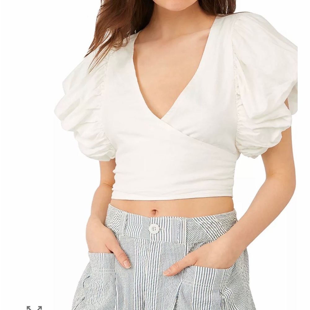 Sold/ not available Maeve Anthropologie White V-Neck Short Puff-Sleeve Wrap - Picture 1 of 6